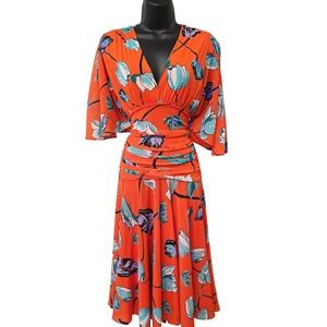 Diane von Furstenberg DVF Orange Floral Mesh Ruched Midi Dress Womens Small